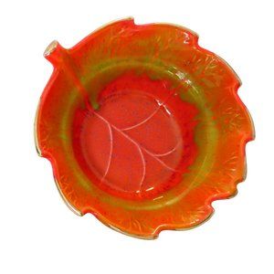 Vintage California Ceramic Pottery Leaf Bowl - Fall Colours and Swirls - Orange